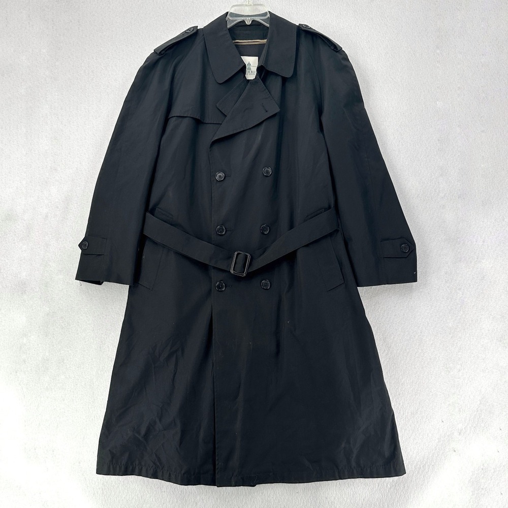 VTG‎ Austin Reed Mens 46R Trench Coat Rain & Stain Repellent Wool Liner Black